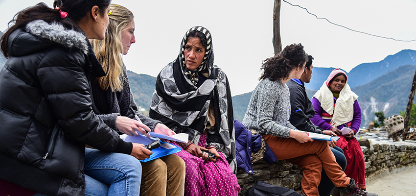 Researchers gathering data for xylem water filter research in Uttarakhand, India.