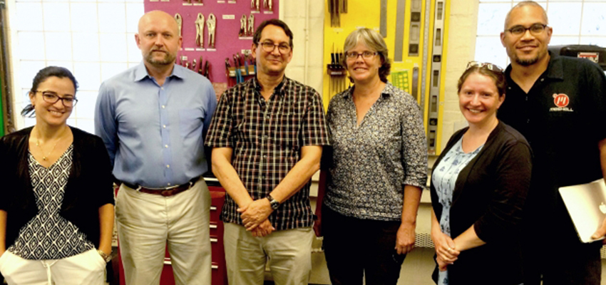 MIT D-Lab has named Bob Nanes, a veteran of international development, to the newly created position of executive director. The D-Lab leadership team now includes (left to right) Saida Benhayoune, director of the D-Lab Scale-Ups program; Dan Frey, faculty director; Nanes; Amy Smith, founder; Kendra Leith, evaluation manager; and Kofi Taha, associate director.