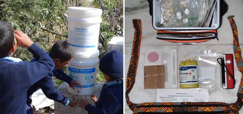 This wearable water quality test kit (early prototype pictured at left) provides a simple, accessible way to test the presence of E. coli in drinking water. A J-WAFS Solutions grant will enable an MIT research team to develop a regionally-appropriate commercialization strategy to ensure that these test kits can be accessible to rural and urban communities in Nepal as well as the other areas in South Asia that face the risk of water-related diseases from unsafe drinking water.  Photo: Susan Murcott/MIT D-Lab