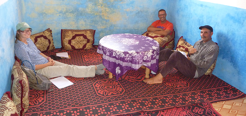 Research associate Belinda Richardson (left) in Tiflet, Morocco, to follow up with farmers and evaluate the area’s meat and dairy value chains in order to evaluate the potential of technology interventions to increase farmer income.