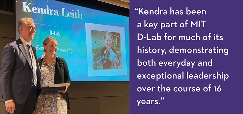 MIT D-Lab Associate Director for Research Kendra Leith (right) receives an MIT Office of the Vice Chancellor Infinite Mile Award for Everyday Leadership. Photo: MIT D-Lab
