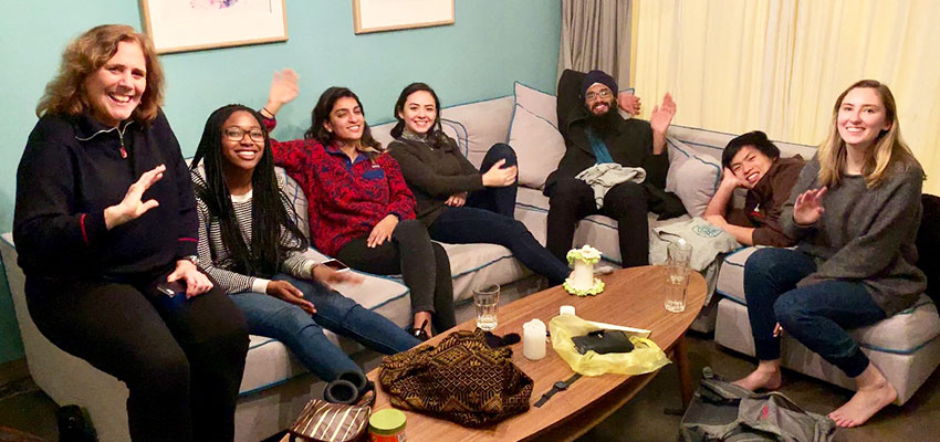 MIT D-Lab team (Martha, Alex, Sabira, Susy, Ivraj, Franklin, and Caroline) waving goodbye to the staff and students at Faros and the Horizon Center.