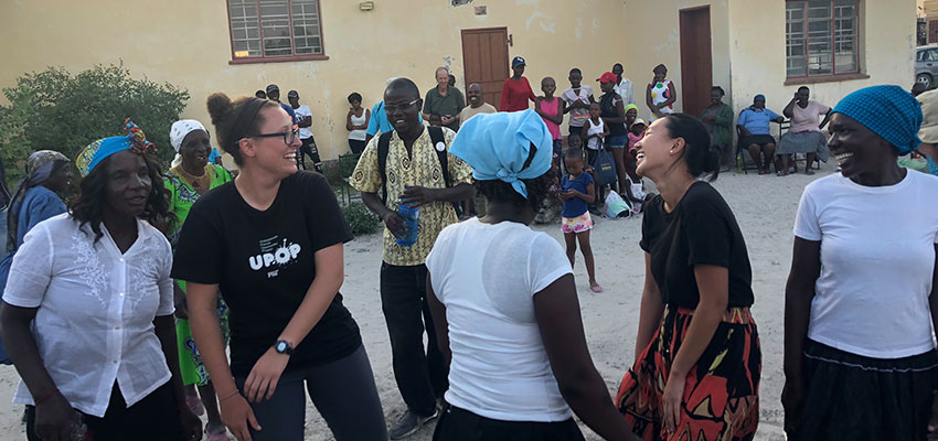 D-Lab Students learning traditional dances with the community in Rakops, Botswana