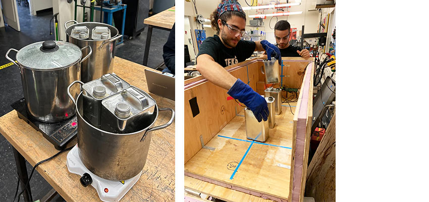 Cooking pots on a work table and young man taking a measurement.