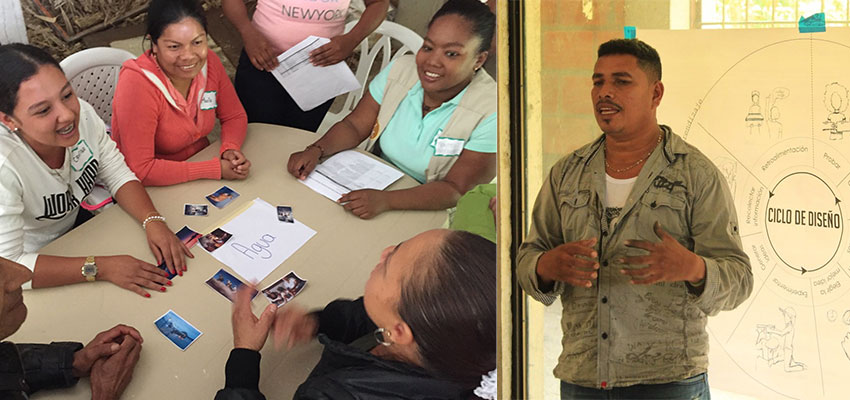 Izquierda: Mayra, facilitadora en capacitación, lidera el equipo del proyecto en su primer ejercicio de equipo. Mayra, facilitadora en capacitación, lidera el equipo del proyecto en su primer ejercicio de equipo. Foto: Sher Vogel - Derecha: Gilberto, facilitador en capacitación, dirige una sesión sobre cómo presentar el proceso de diseño a los participantes de Santa Rita. Foto: Liliana Murcia