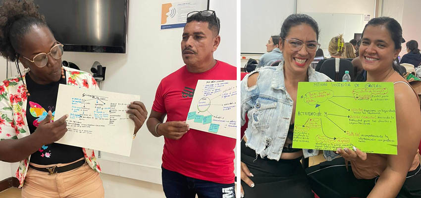 Left: a man and woman each holding up sheets of paper with notes on them. Right: Two women holding up sheets of paper with notes written on them.