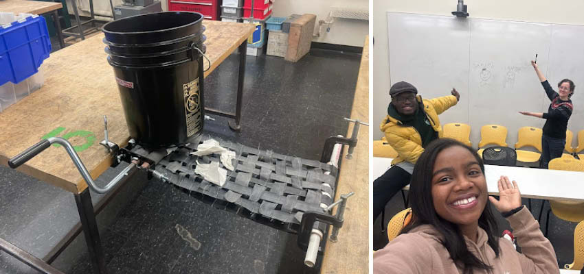 Press on worktable and three smiling people gesturng toward drawing on white board.