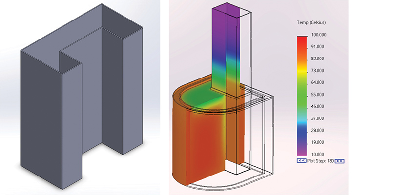 CAD drawing of chimney wrapping water heater and thermal modeling of water within heater cooling down over time