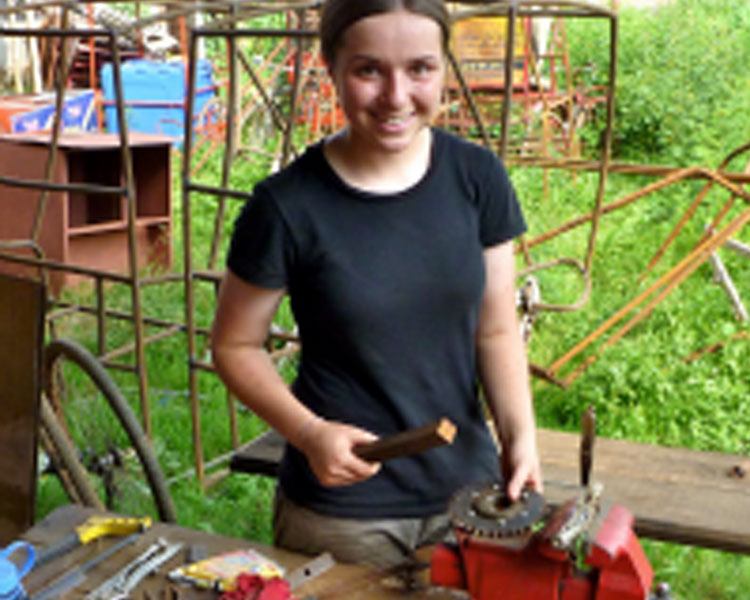 Maddie working at the Rickshaw Bank, Guwahati, India.