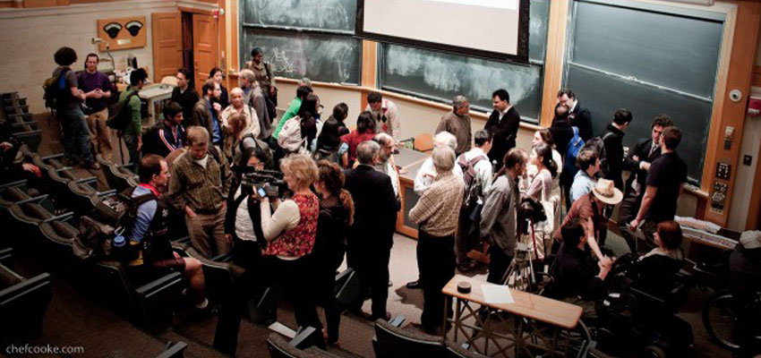 Guests interacting with the presenters after the panel discussion. Photo: Nathan Cooke. Source: D-Lab Archives.