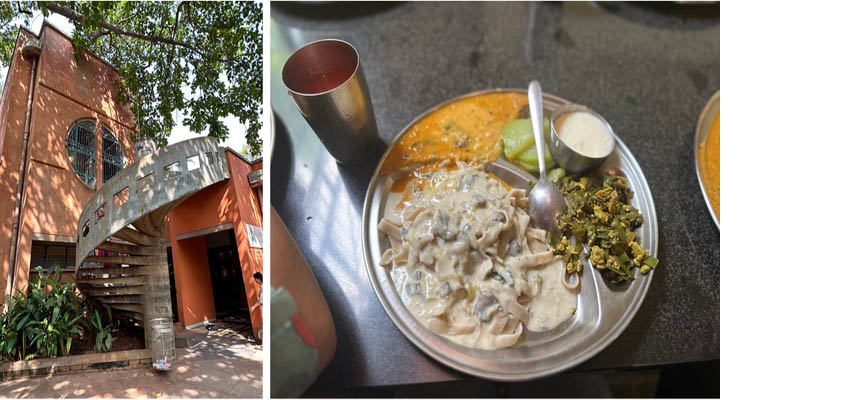 Left: Two story building. Right: Plate of food.