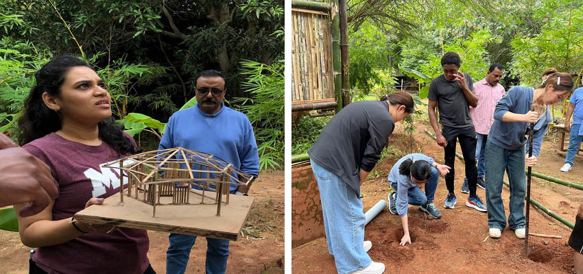 A woman holding a model of a bamboo house (left) and a group of people digging holes (right)