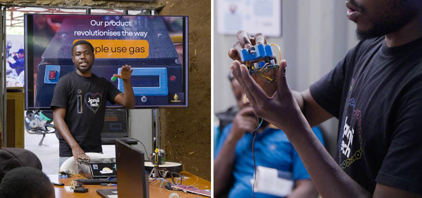 Left: Man in front of a screen picturing a gas alarm system. Right: Close up of a man holding the device.