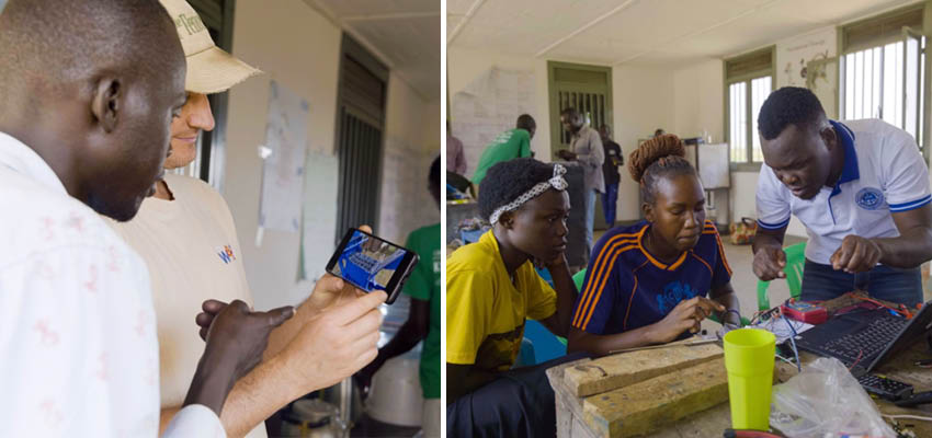 Left: Two men looking at a hand-held device. Right: Two young women and a man at a work table.