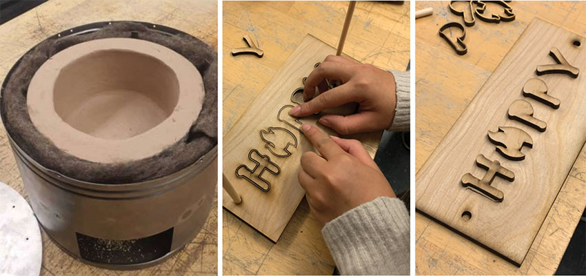 Left: Creating a ceramic wool liner to improve insulation and thermal efficiency/ Photo: Wendy Yu  Right: Creating a Logo Embossing Tool. Photo: Jenny Zhu